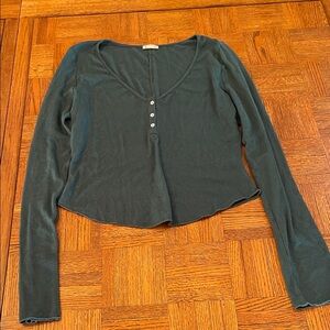 Free People intimately Deep Green Long Sleeve Top ribbed Henley Large